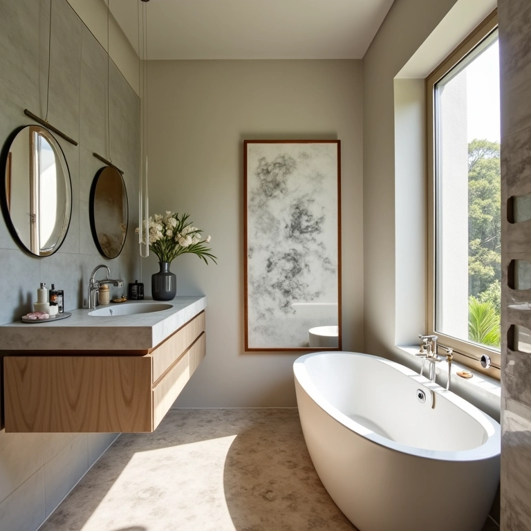 Espelhos ampliando visualmente um banheiro pequeno.