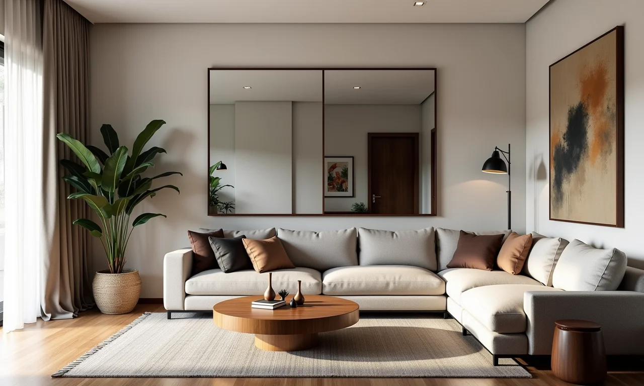 Espelhos grandes estrategicamente posicionados ampliam a sala.