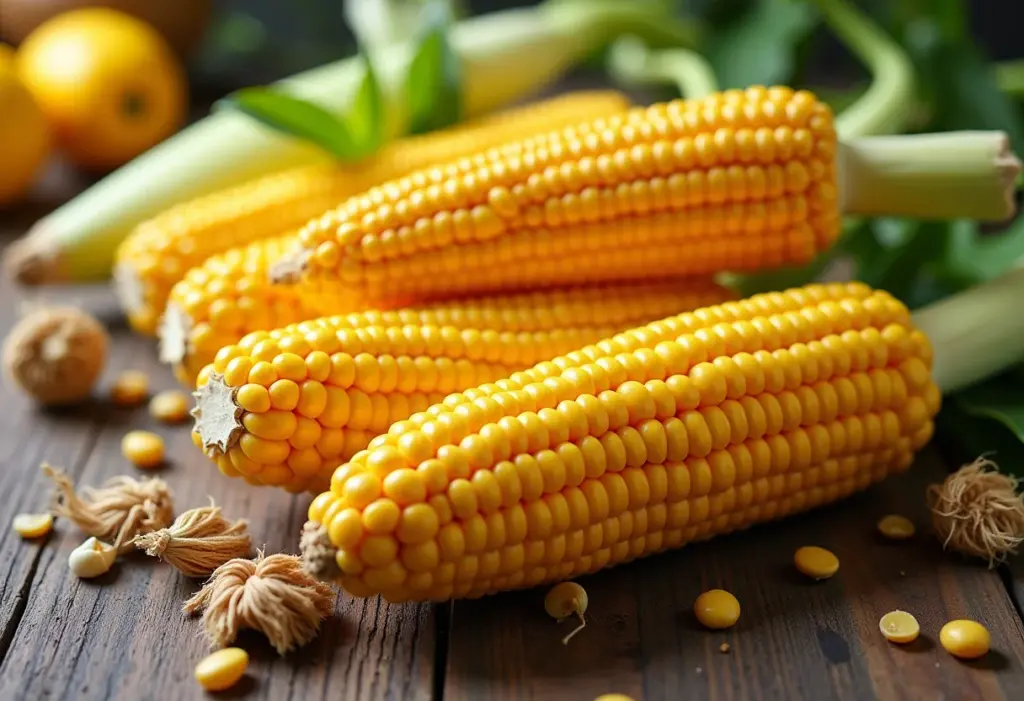 Espigas de milho coloridas dispostas com decorações de festa junina.