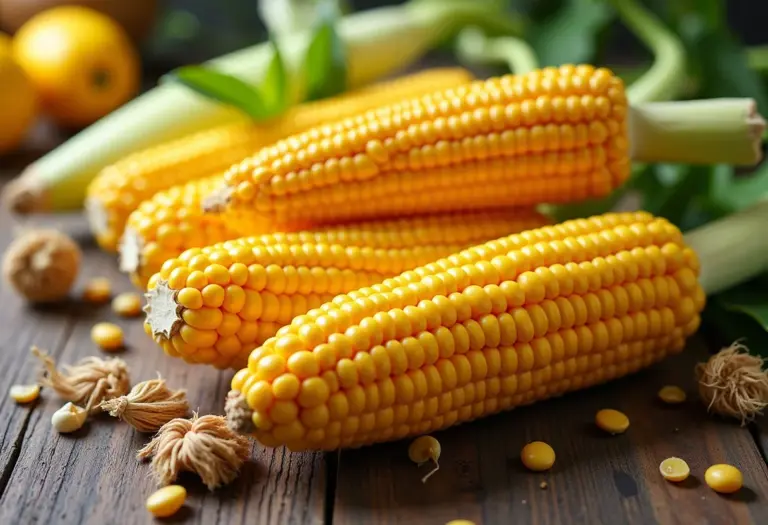 Espigas de milho coloridas dispostas com decorações de festa junina.