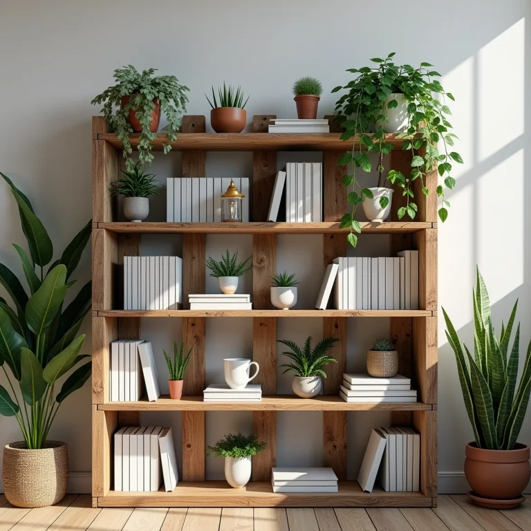 Estante de pallets com livros e plantas.