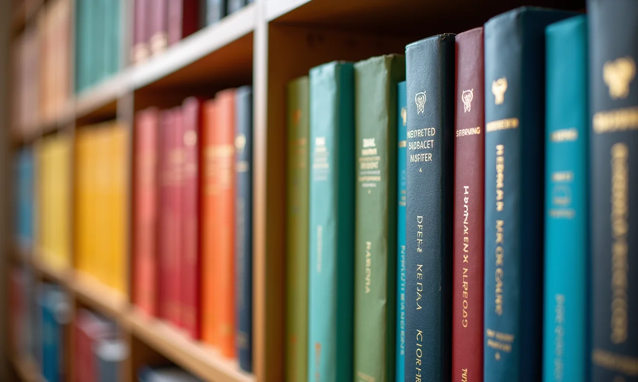 Estante organizada por cores, criando um efeito visual de arco-íris.