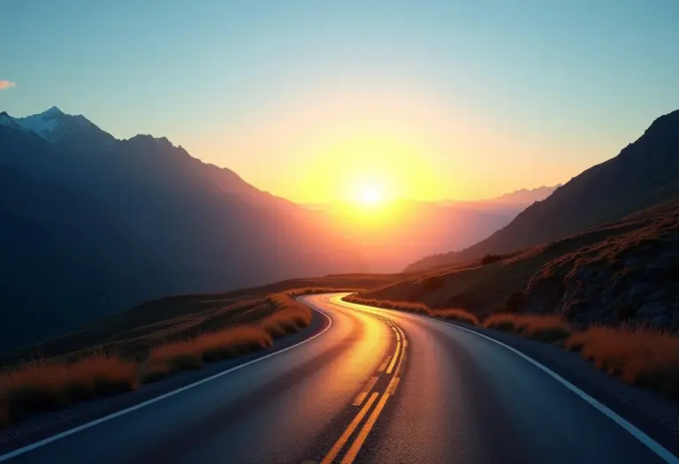 Estrada cênica atravessando montanhas ao pôr do sol.