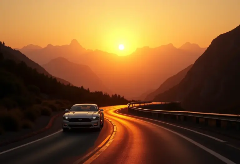 Estrada panorâmica ao pôr do sol com carro clássico, representando uma road trip dos sonhos.