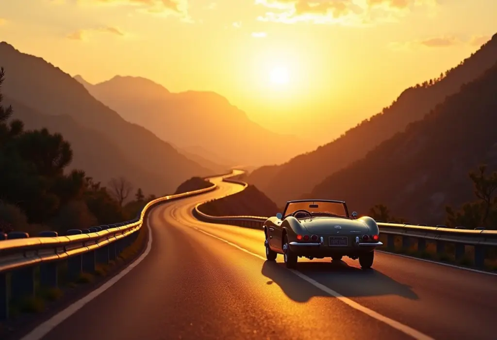 Estrada panorâmica ao pôr do sol com carro conversível, representando uma road trip dos sonhos