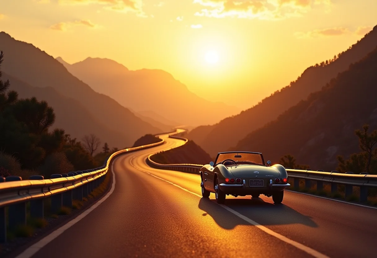 Estrada panorâmica ao pôr do sol com carro conversível, representando uma road trip dos sonhos