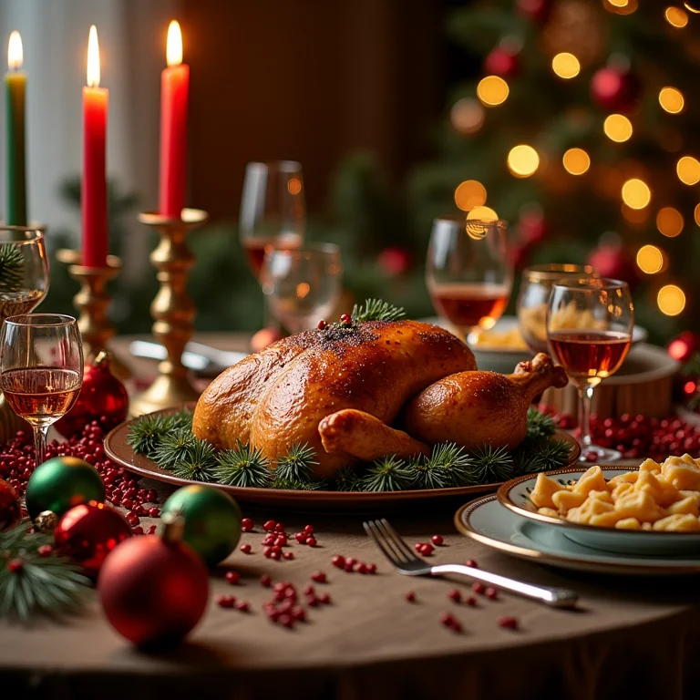 Exagero de enfeites e acessórios na mesa de Natal.