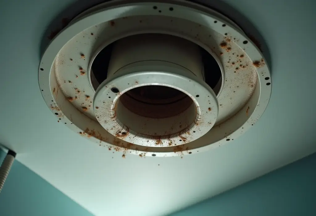 Exaustor de banheiro sujo e empoeirado com ventilação entupida.