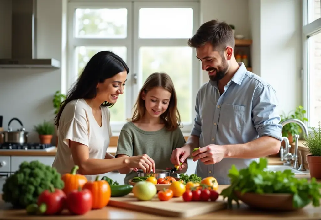 Família cozinhando junta em cozinha ensolarada com ingredientes orgânicos