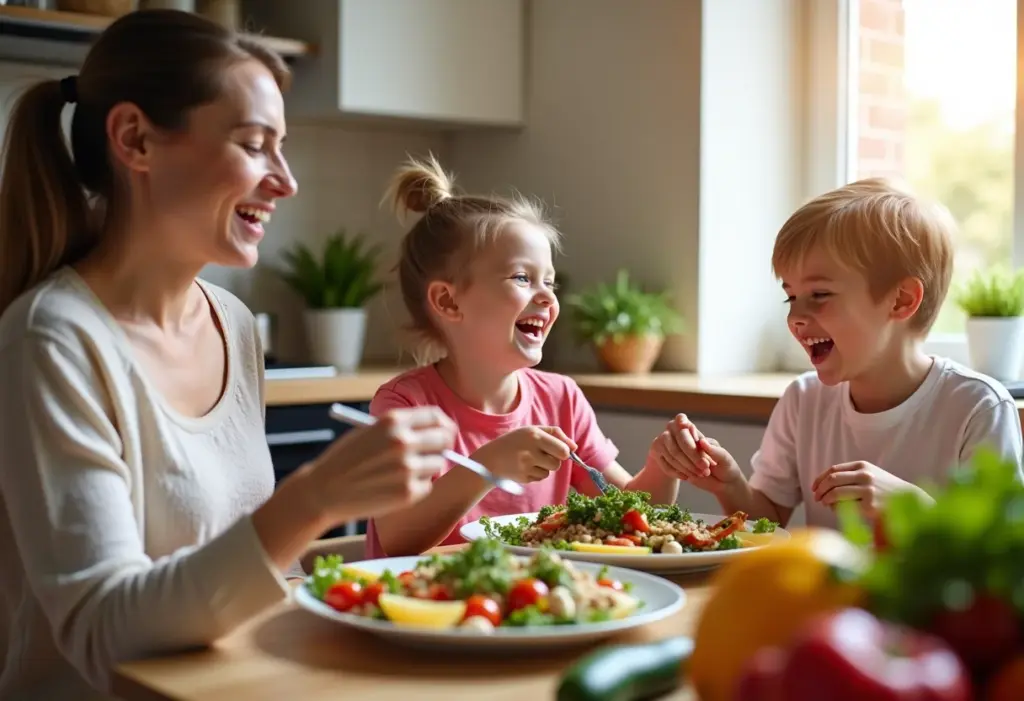 Família desfrutando de uma refeição caseira e saudável.
