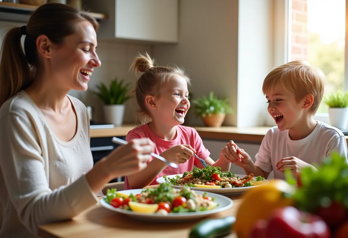 Família desfrutando de uma refeição caseira e saudável.