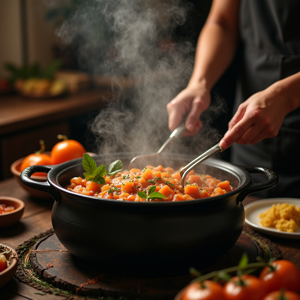 Family recipe being cooked in witch cauldron pot, traditional ingredients, cozy kitchen, Receita de família na panela caldeirão.