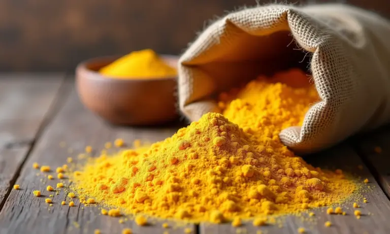 Farinha de linhaça dourada derramando de saco de juta, close-up.