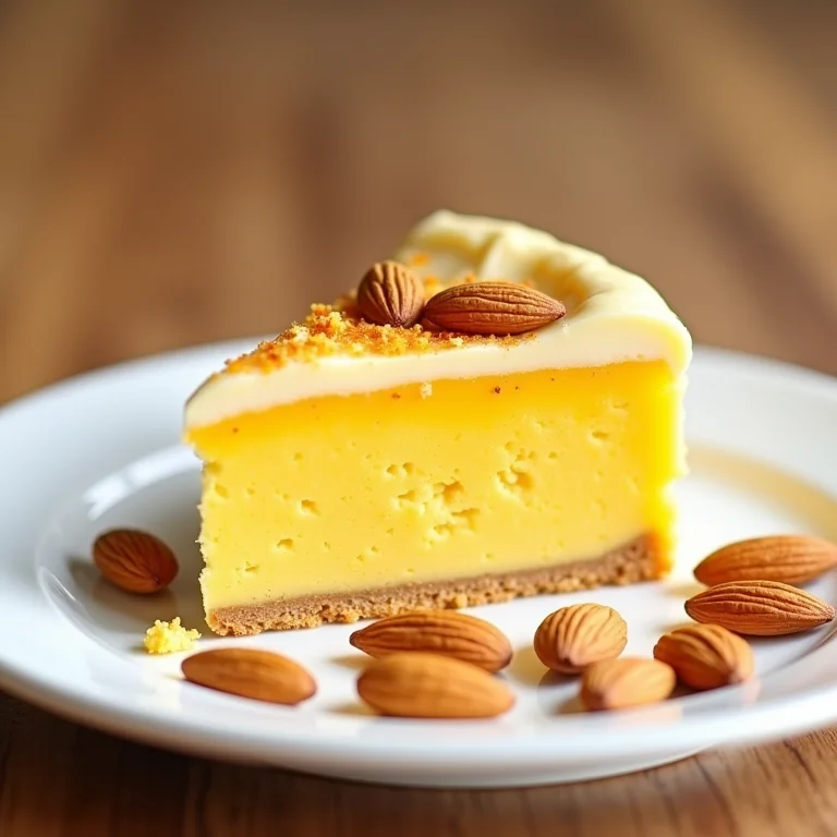 Fatia de bolo de açafrão com amêndoas em um prato branco.