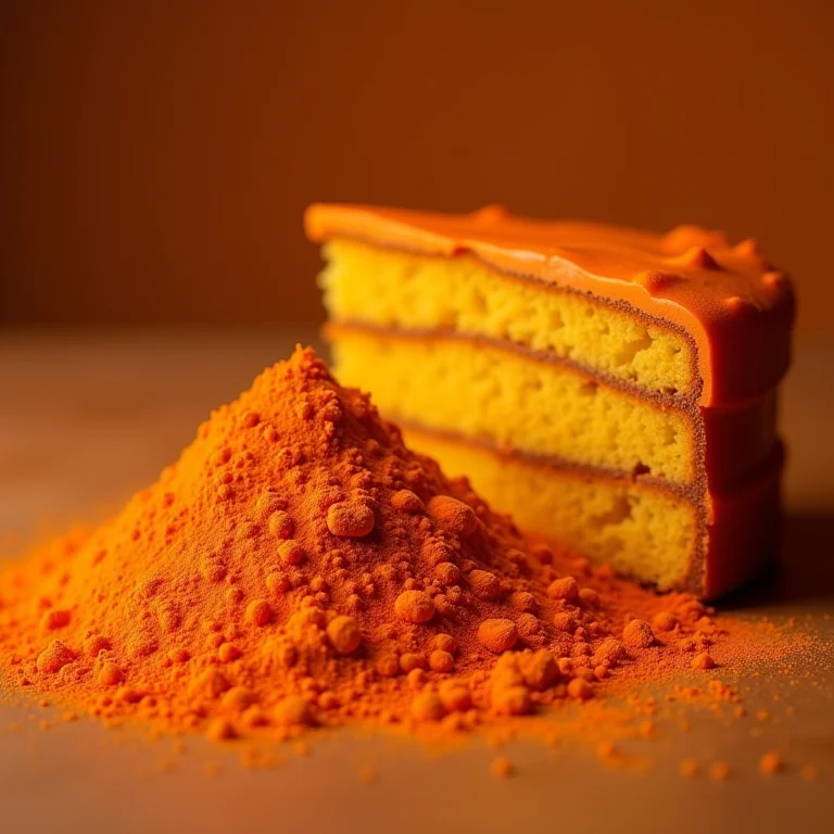 Fatia de bolo de cenoura ao lado de cenoura em pó