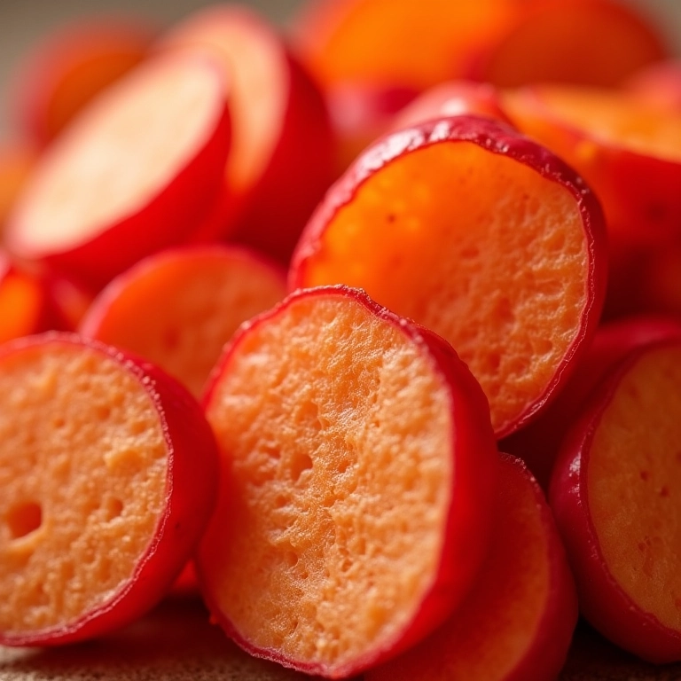 Fatias de batata vermelha cozida, destacando sua textura e o alto teor de fibras, que auxiliam na digestão.