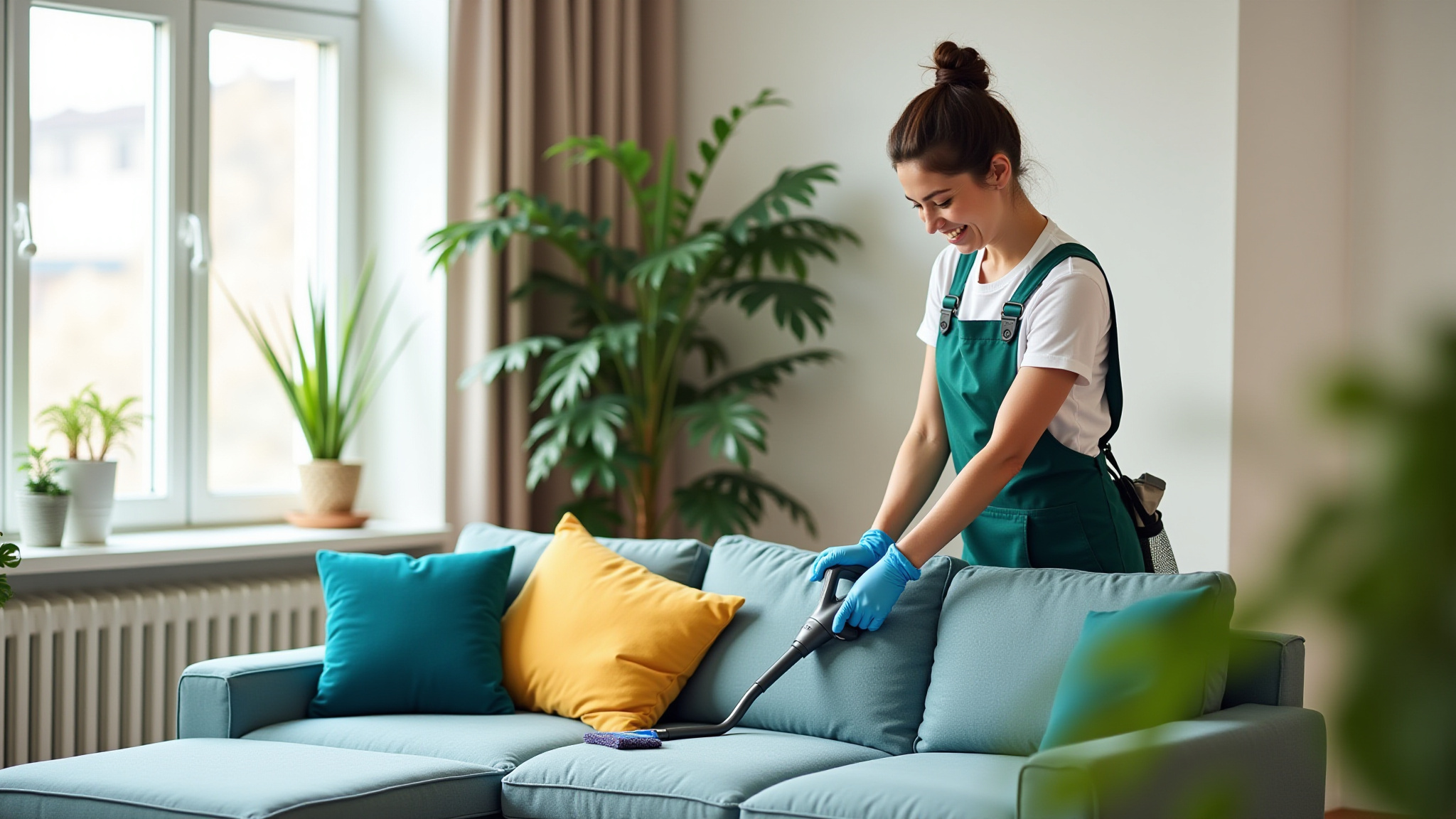 Profissional limpando sofá a domicílio com equipamento especializado.