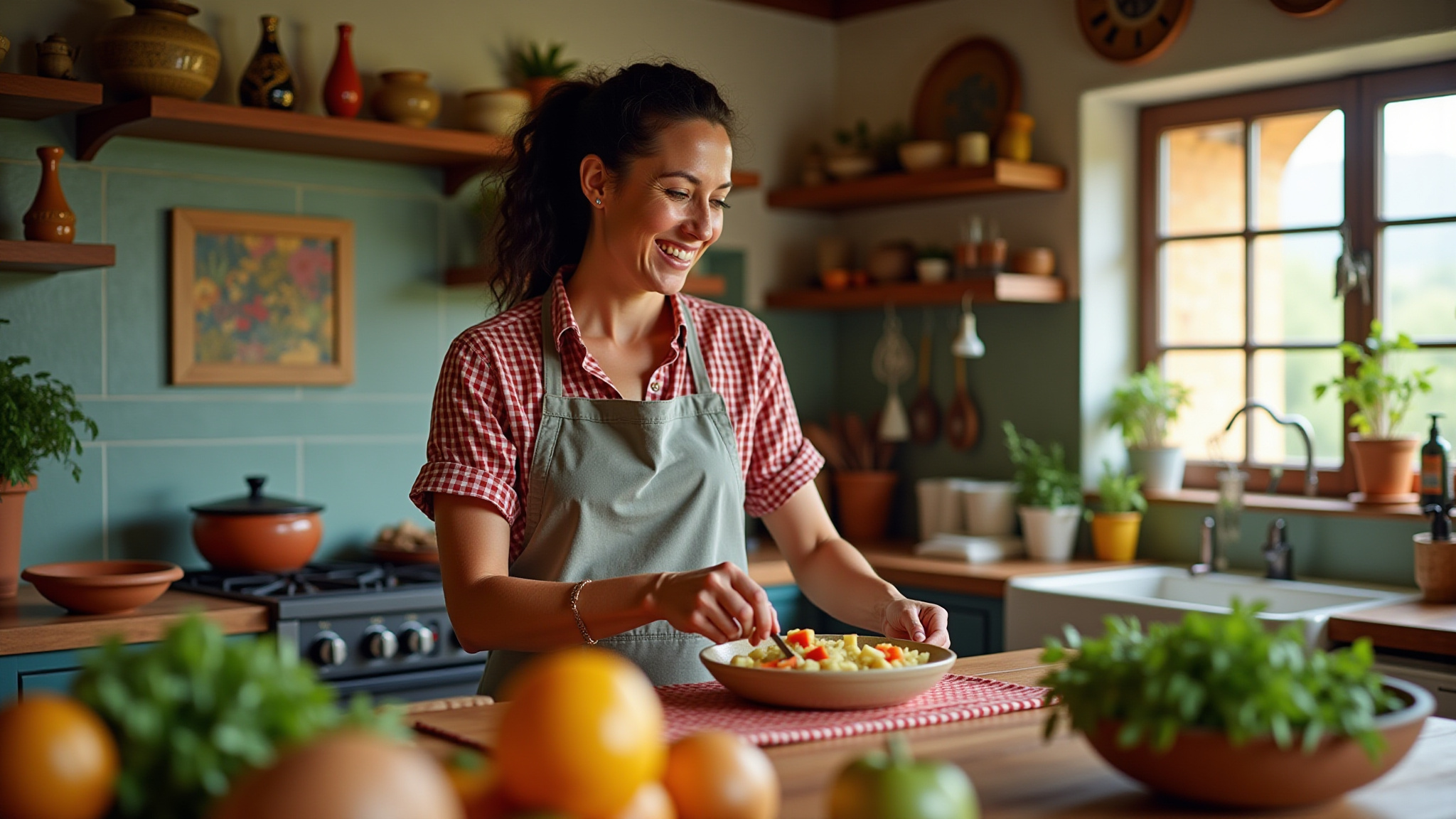 Mulher preparando salada de batata vermelha em cozinha vibrante.