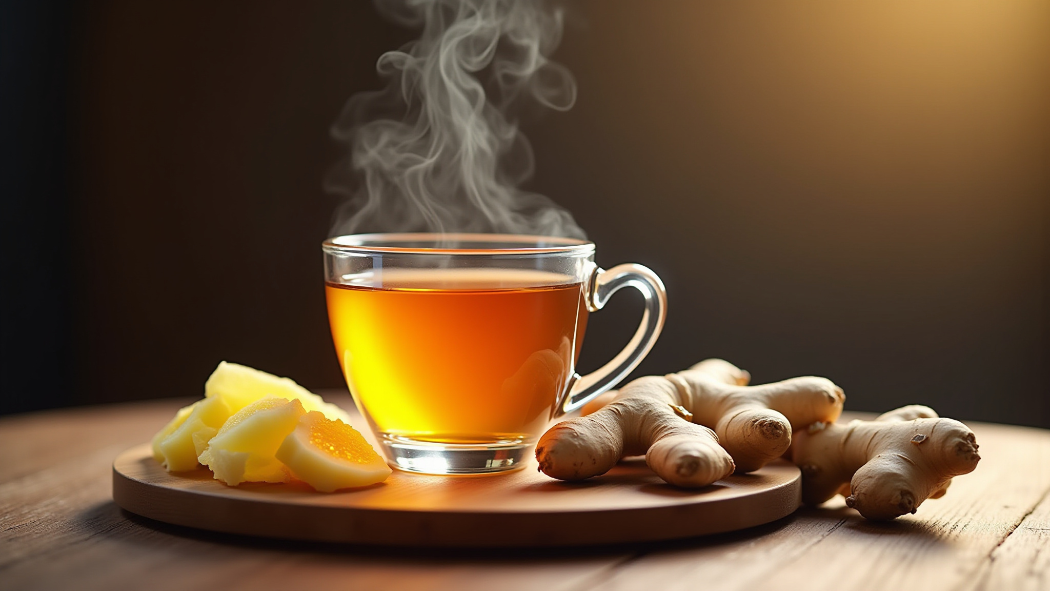 Xícara fumegante de chá de gengibre com fatias de gengibre fresco.