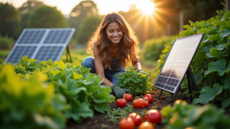 Painel solar integrado em horta vibrante, energia limpa e sustentabilidade.
