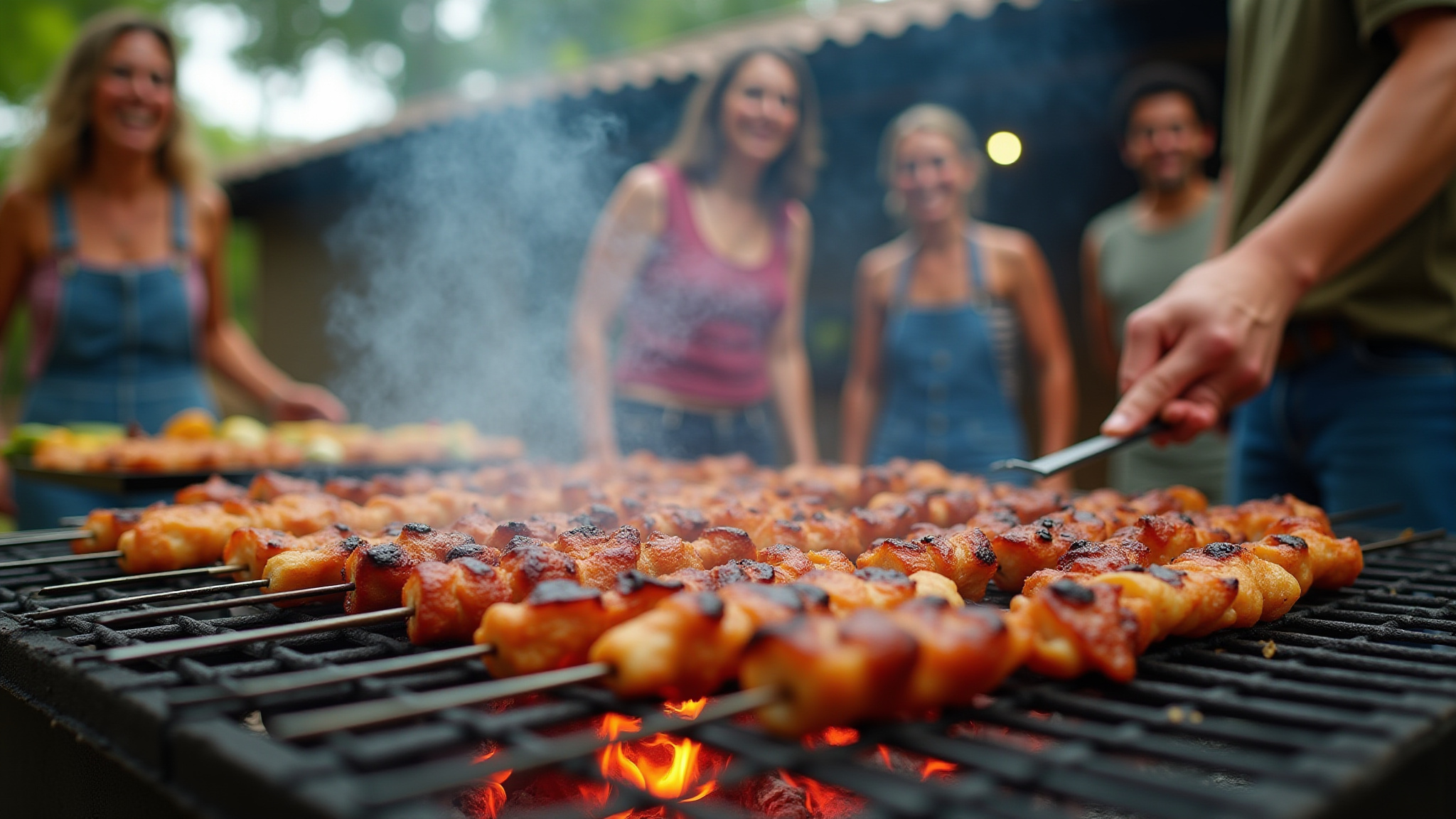 Churrasco brasileiro com espetinhos variados e pessoas sorrindo.