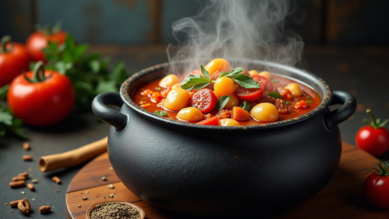 Caldeirão de bruxa borbulhante com ensopado delicioso.