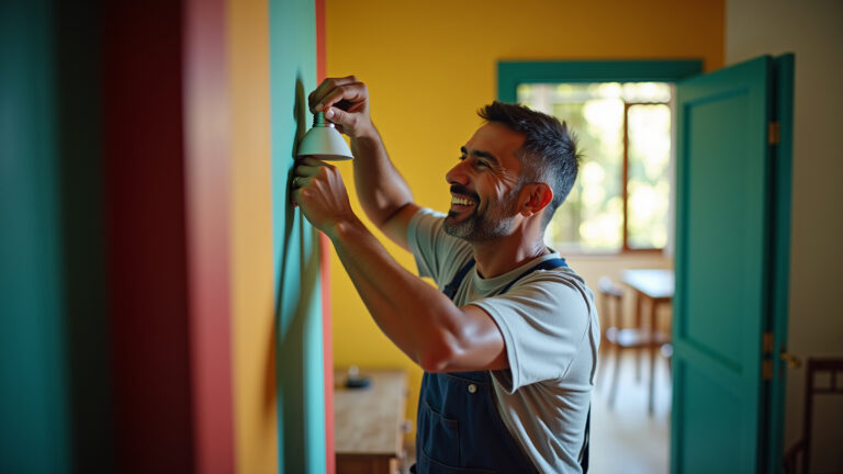 Marido de aluguel sorrindo consertando luminária em apartamento em SP.