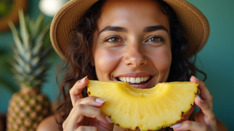 Mulher brasileira sorrindo enquanto come abacaxi.