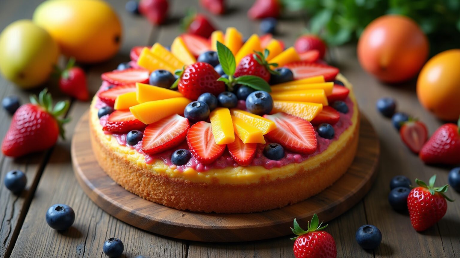 Bolo de frutas vibrante com frutas de verão como manga, morango e maracujá.