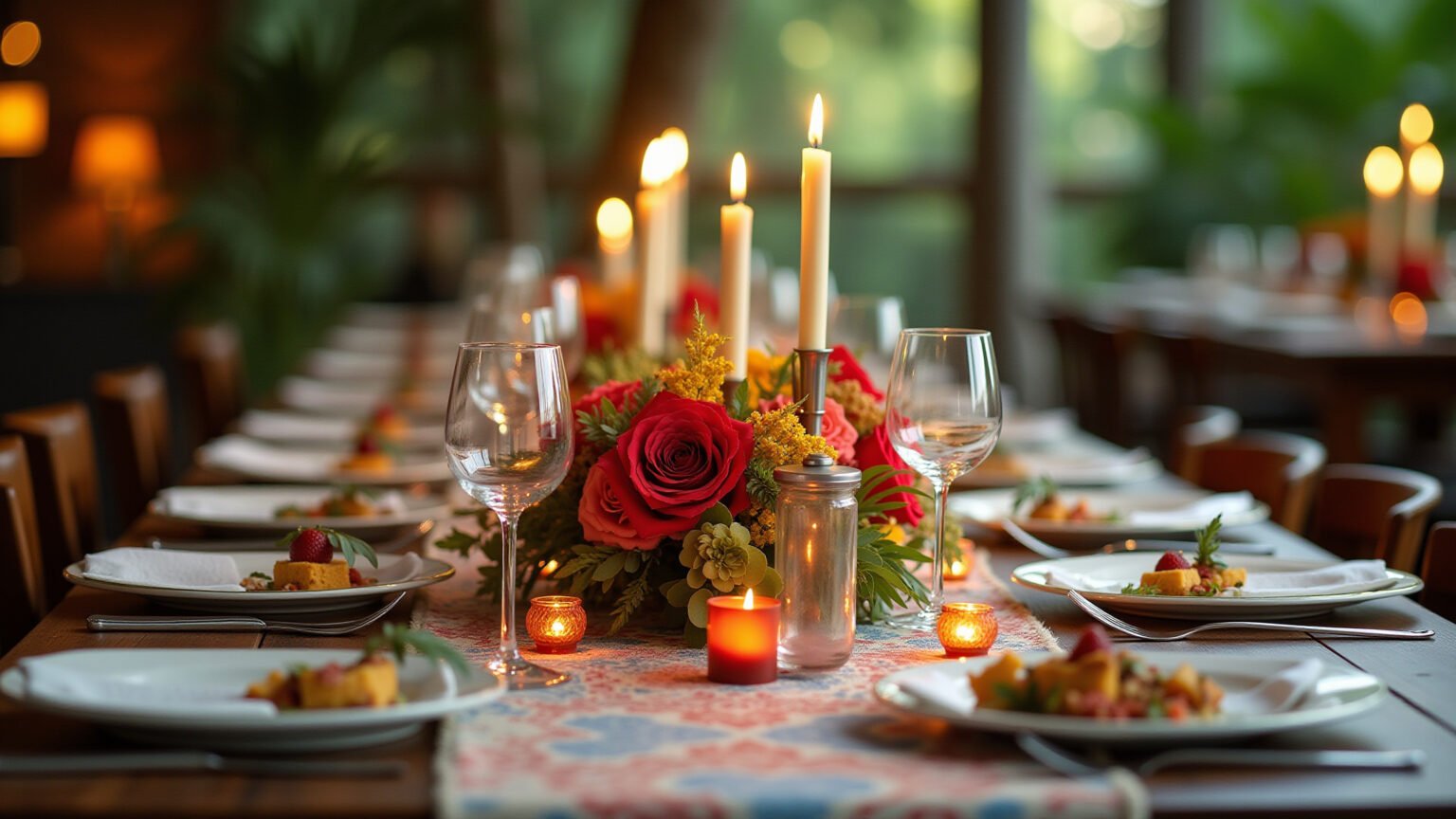 Mesa de jantar decorada para um jantar especial.
