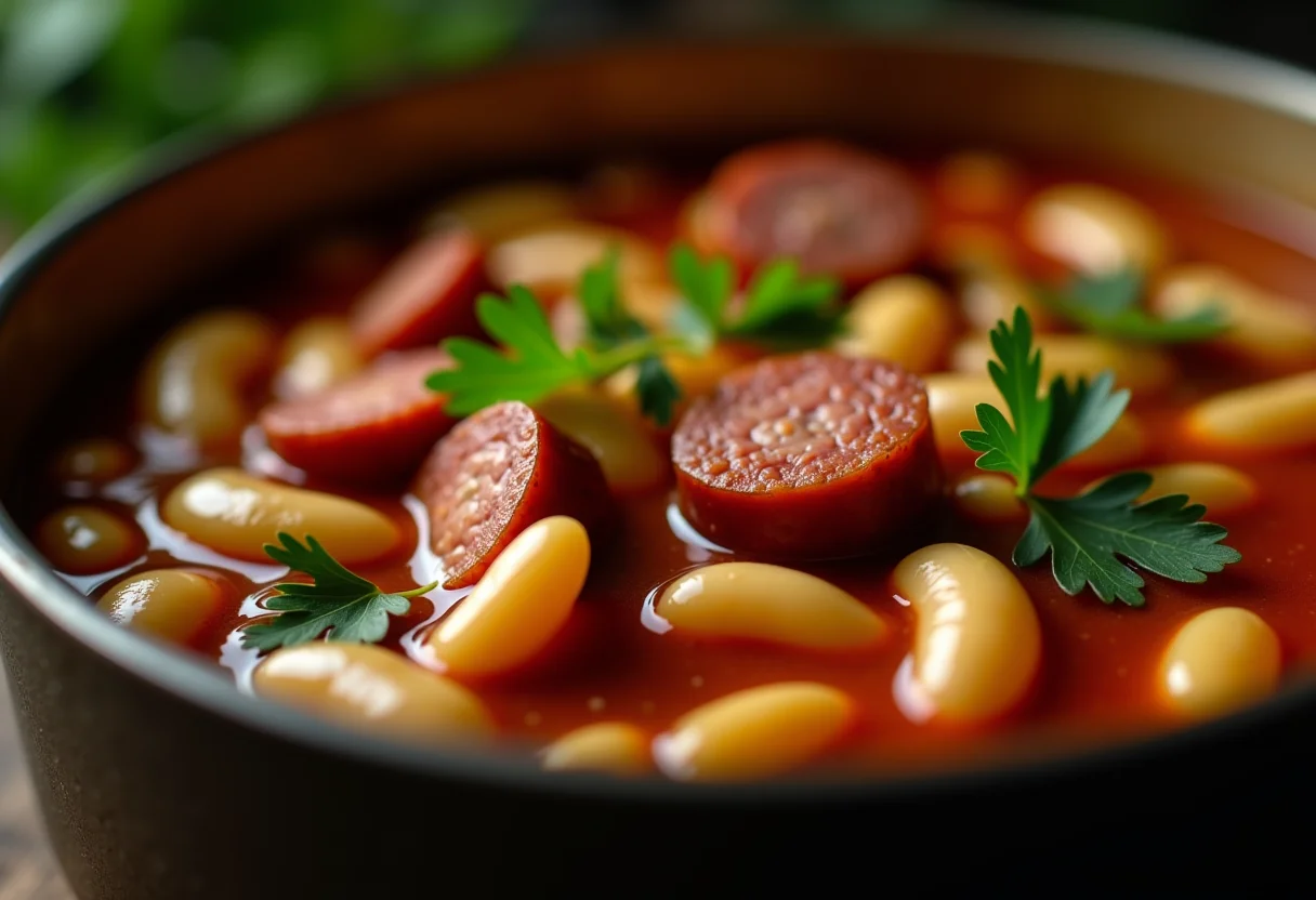 Feijão branco com linguiça fumegante em panela rústica.