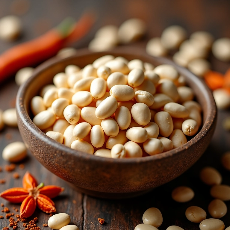 Feijão branco cremoso em tigela, com especiarias brasileiras ao redor.