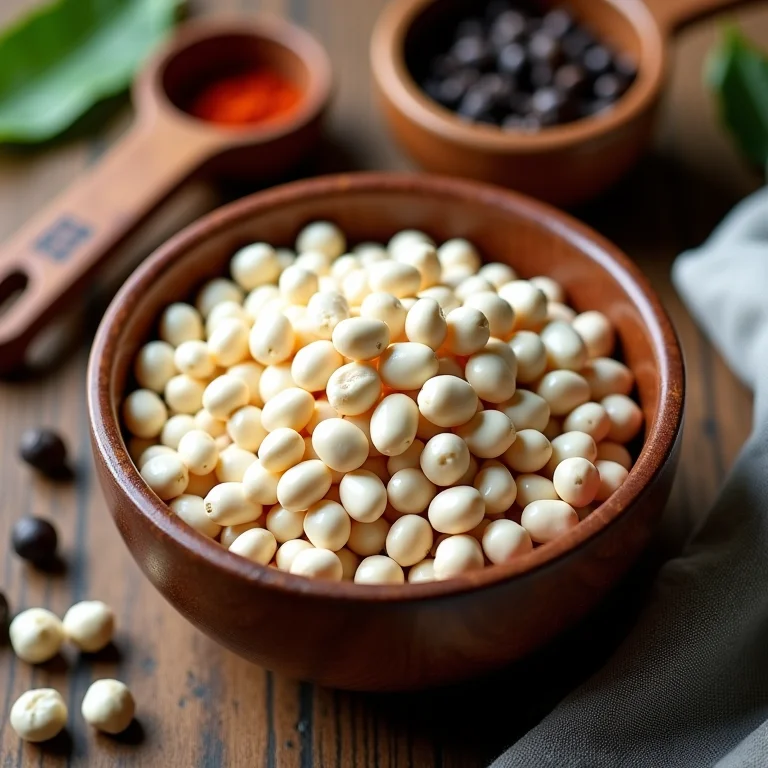 Feijão branco cru em tigela de madeira com especiarias.