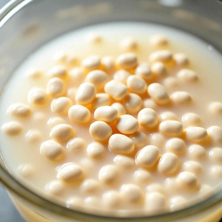 Feijão branco de molho em tigela de vidro com água.