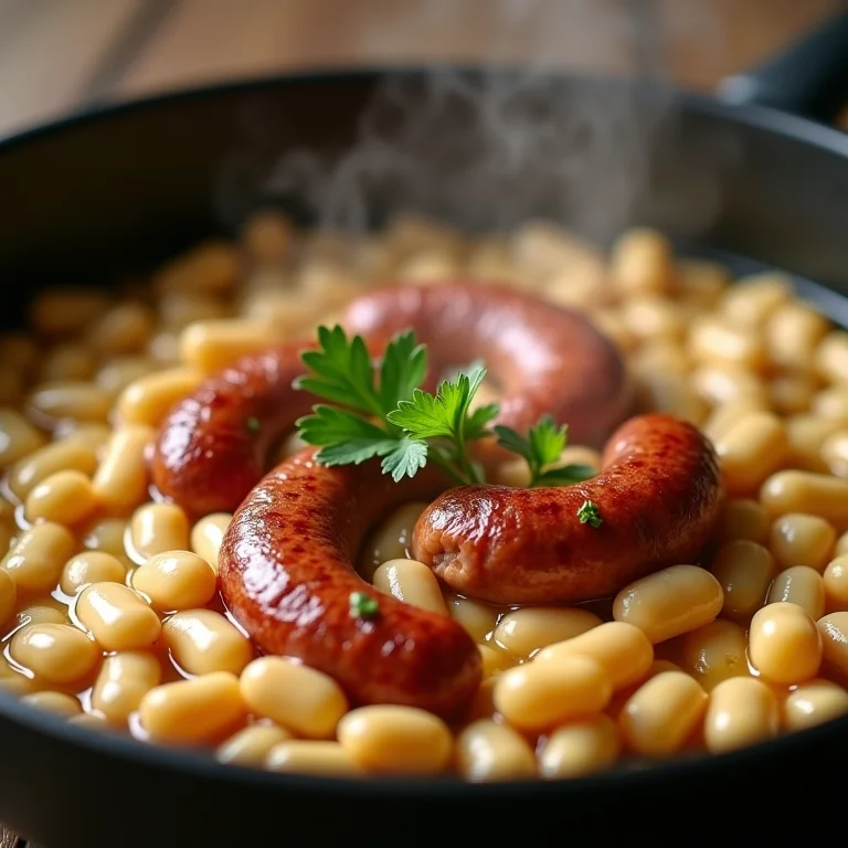 Feijão branco e linguiça cozinhando juntos em uma panela.