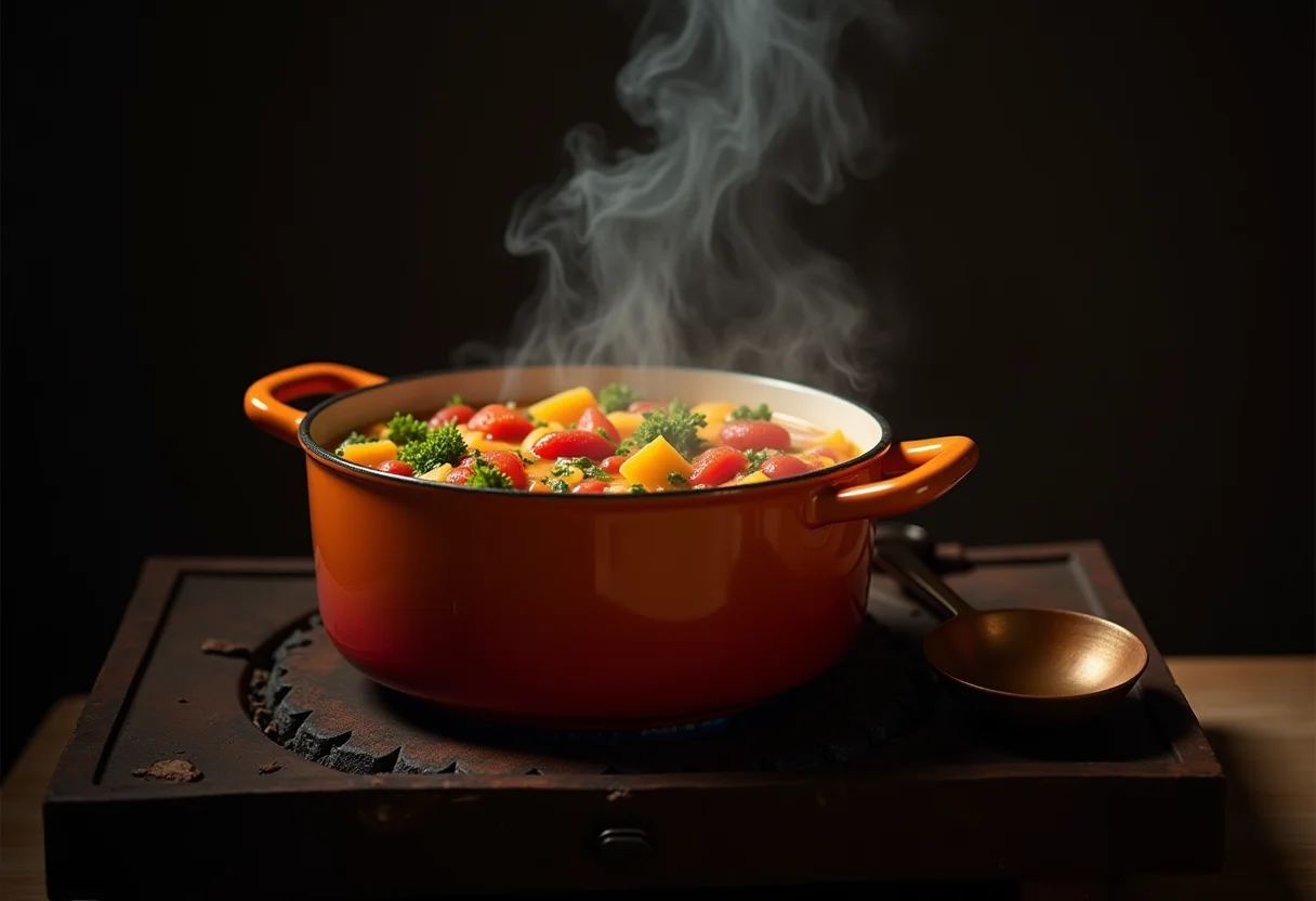 Feijão com Quiabo fumegante em panela rústica