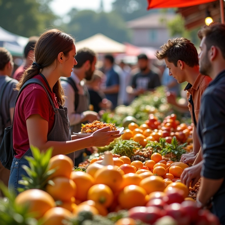 Feira livre movimentada com venda de batata yacon.