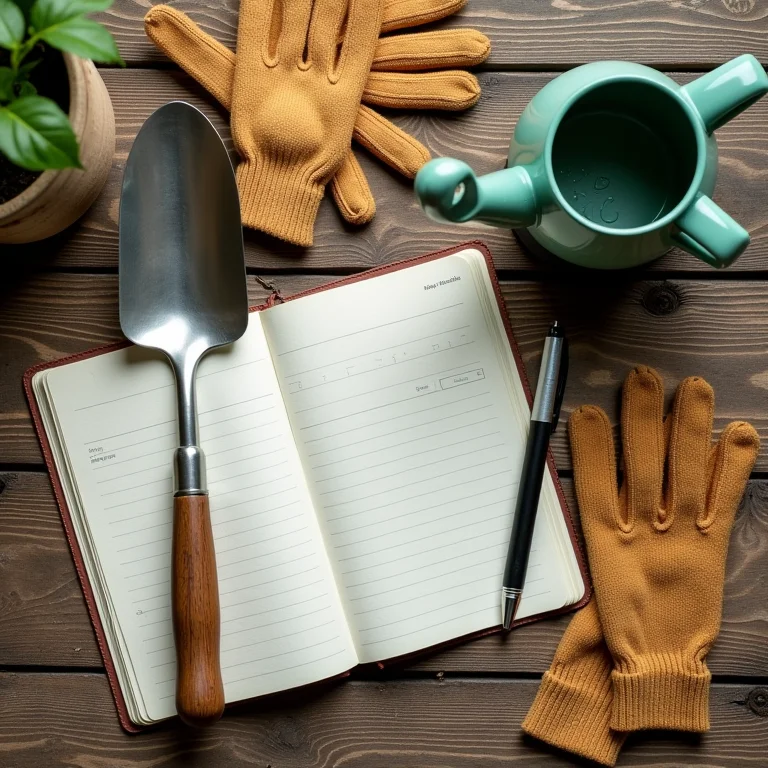 Ferramentas de jardinagem e materiais de planejamento para horta em apartamento dispostos em flat lay.