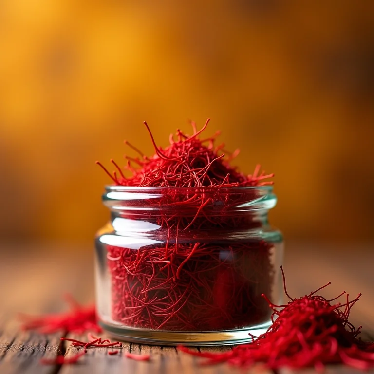 Fios de açafrão de alta qualidade em um pequeno pote de vidro.