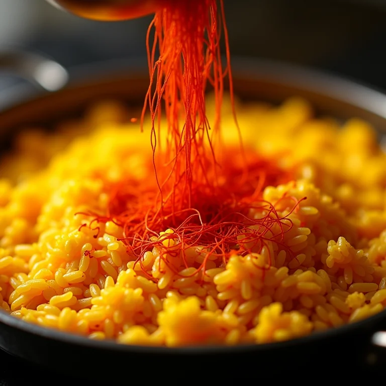 Fios de açafrão sendo adicionados a uma paella