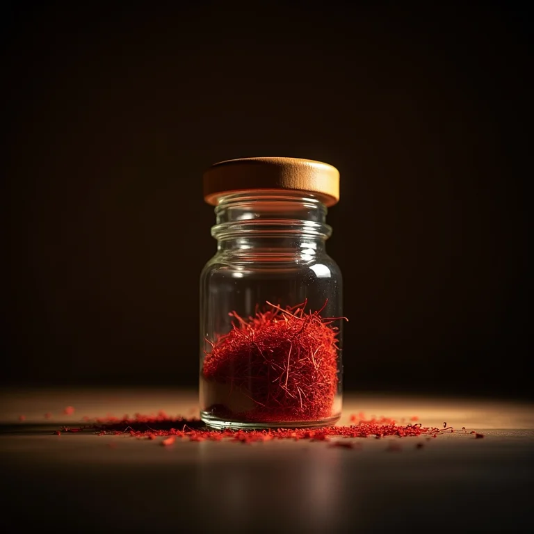 Fios de açafrão sendo armazenados em um recipiente hermético em um local fresco e escuro.