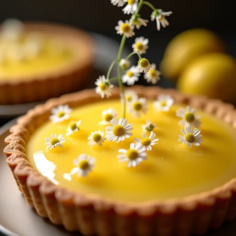 Flores de camomila sendo polvilhadas sobre uma torta de limão.
