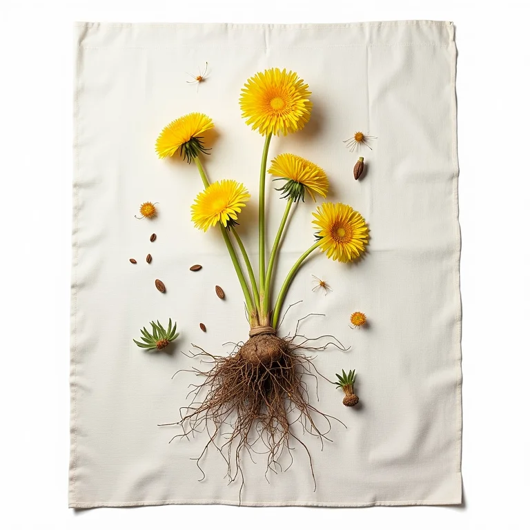 Flores e raízes de dente de leão em tecido de linho