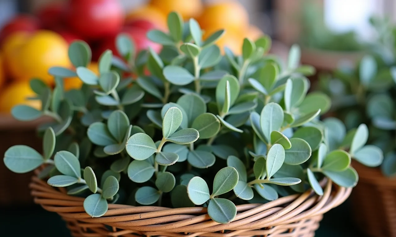 Folhas de eucalipto frescas em cesta, prontas para o chá.