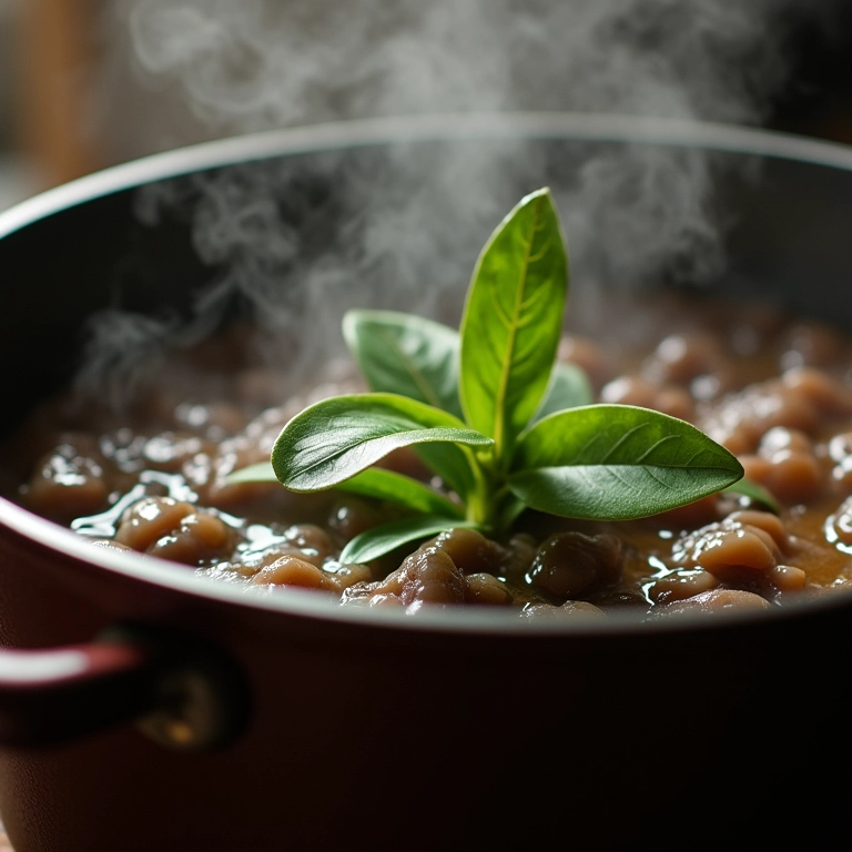 Folhas de louro cozinhando no feijão, adicionando um toque especial.