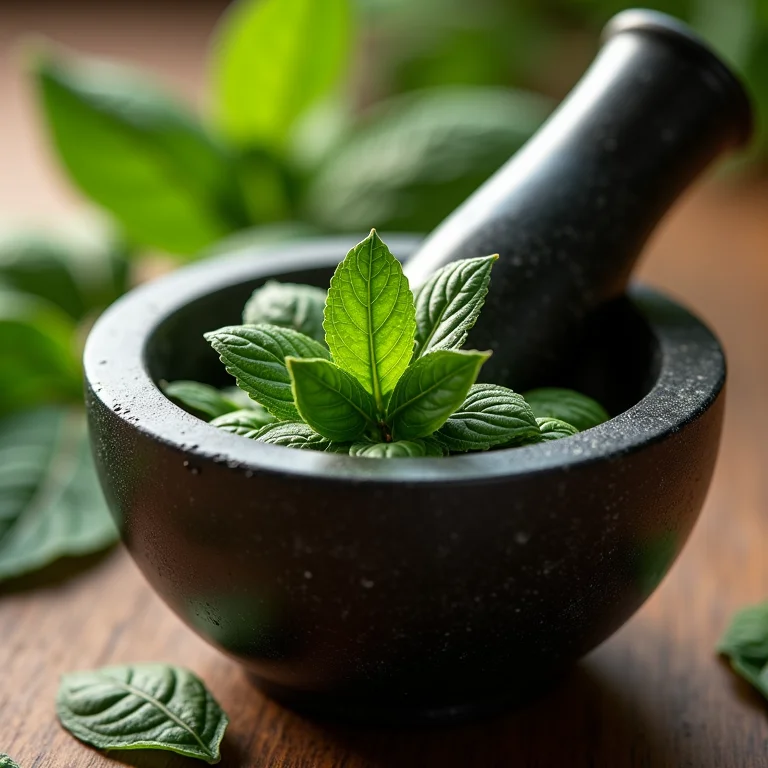 Folhas de poejo amassadas em pilão para ação anti-inflamatória