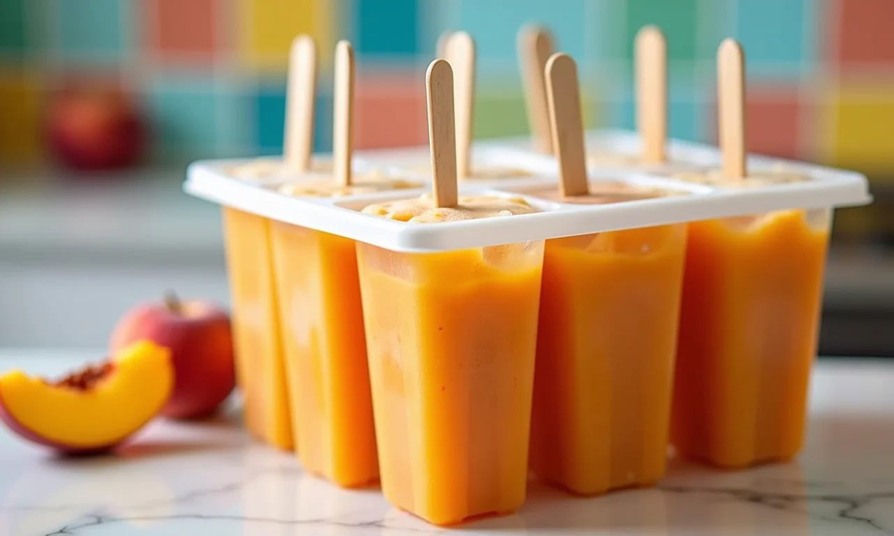 Forminhas de silicone com mistura para picolés de chá de pêssego.