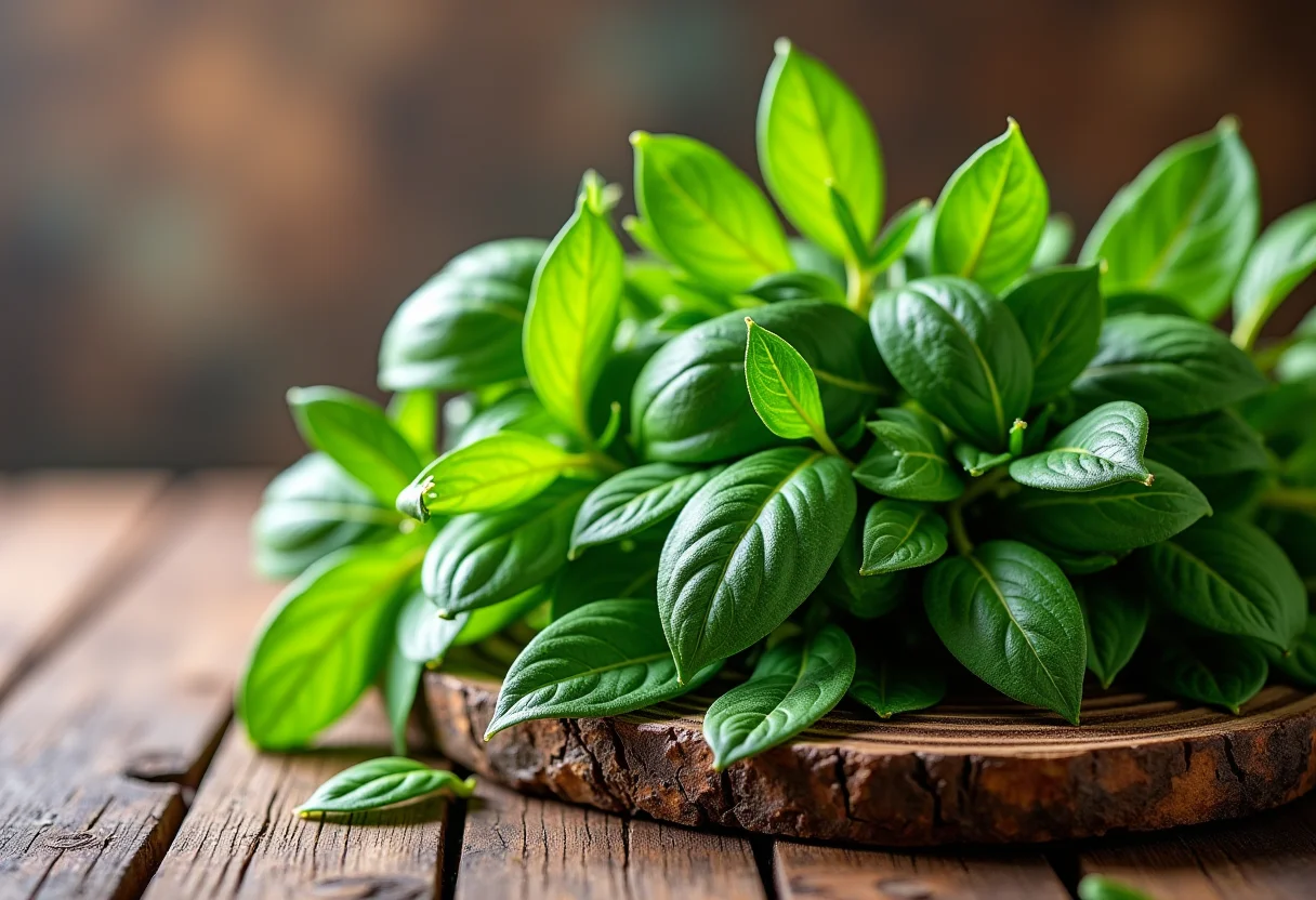 Foto de ervas de Provence frescas dispostas em uma mesa de madeira rústica.