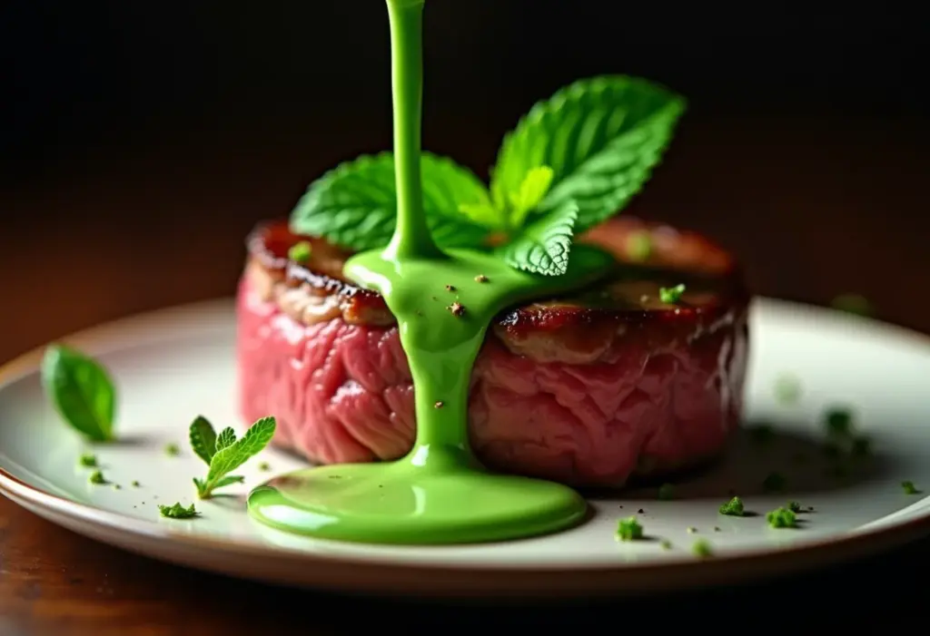 Fotografia de um bife com molho de menta.