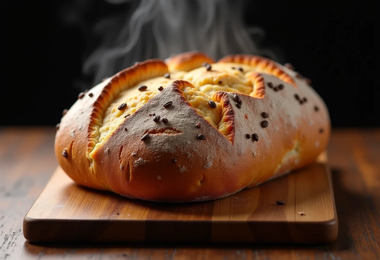 Fotografia de um pão de centeio rústico com alcaravia em uma tábua de madeira.